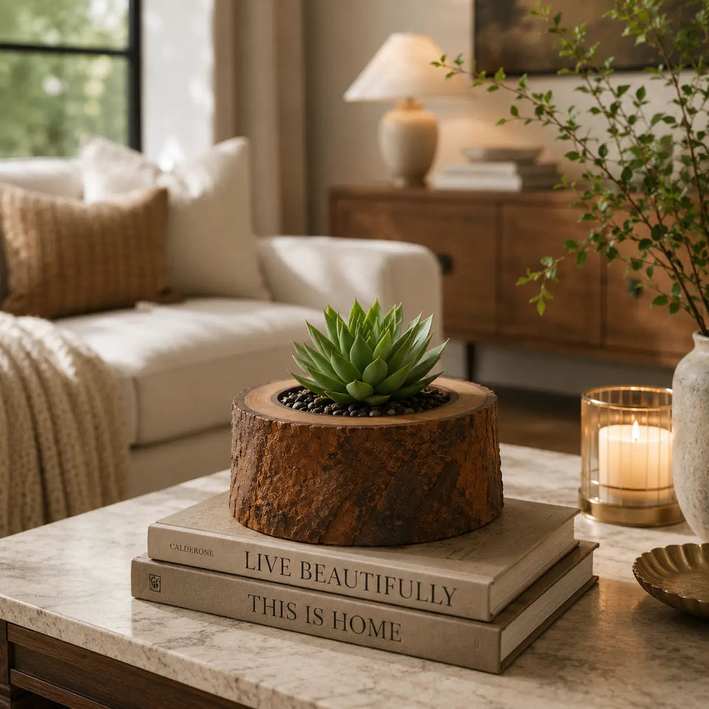 Handcrafted Acacia Wood Planter - lifestyle on table
