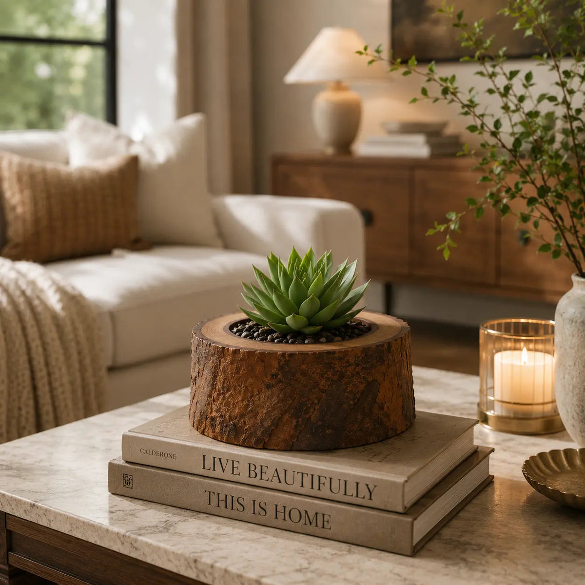 Handcrafted Acacia Wood Planter - lifestyle on table