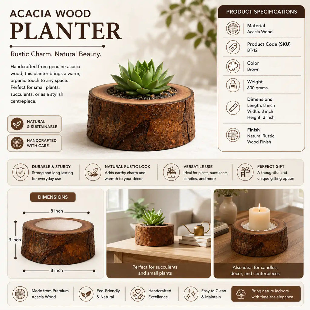 Handcrafted Acacia Wood Planter - lifestyle with succulent