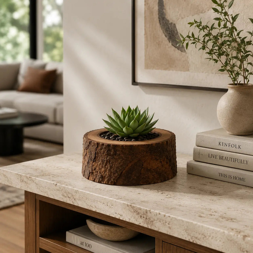 Handcrafted Acacia Wood Planter - lifestyle home setting